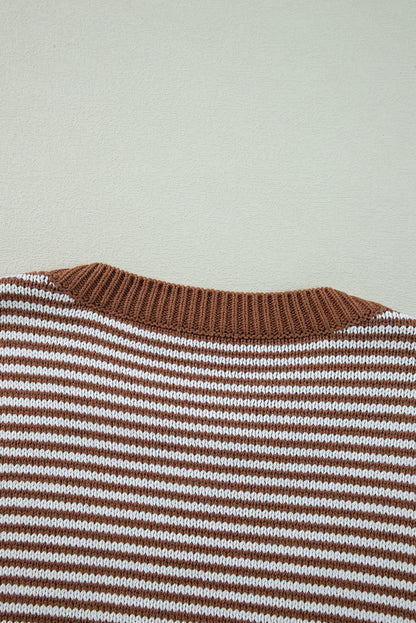 Brown Stripe Geometric Textured Drop Shoulder Sweater