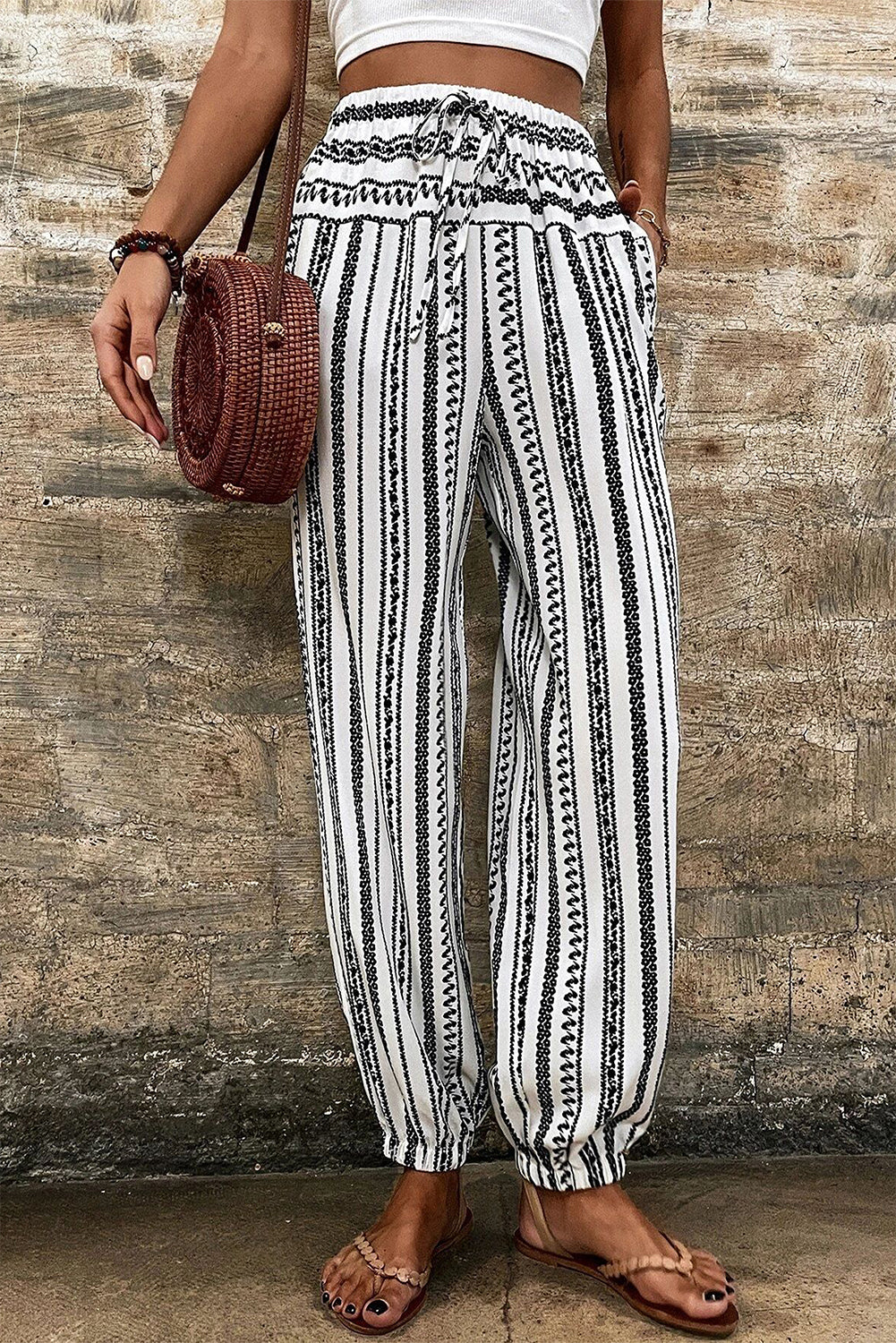 Black Stripe Boho Striped Print Casual Pants