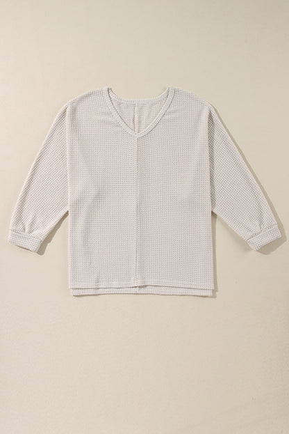 White Waffle Knit Side Slits Loose Fit V Neck Top