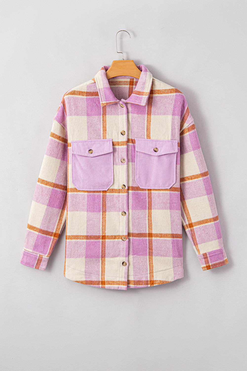 Purple Corduroy Pockets Brushed Checkered Shacket