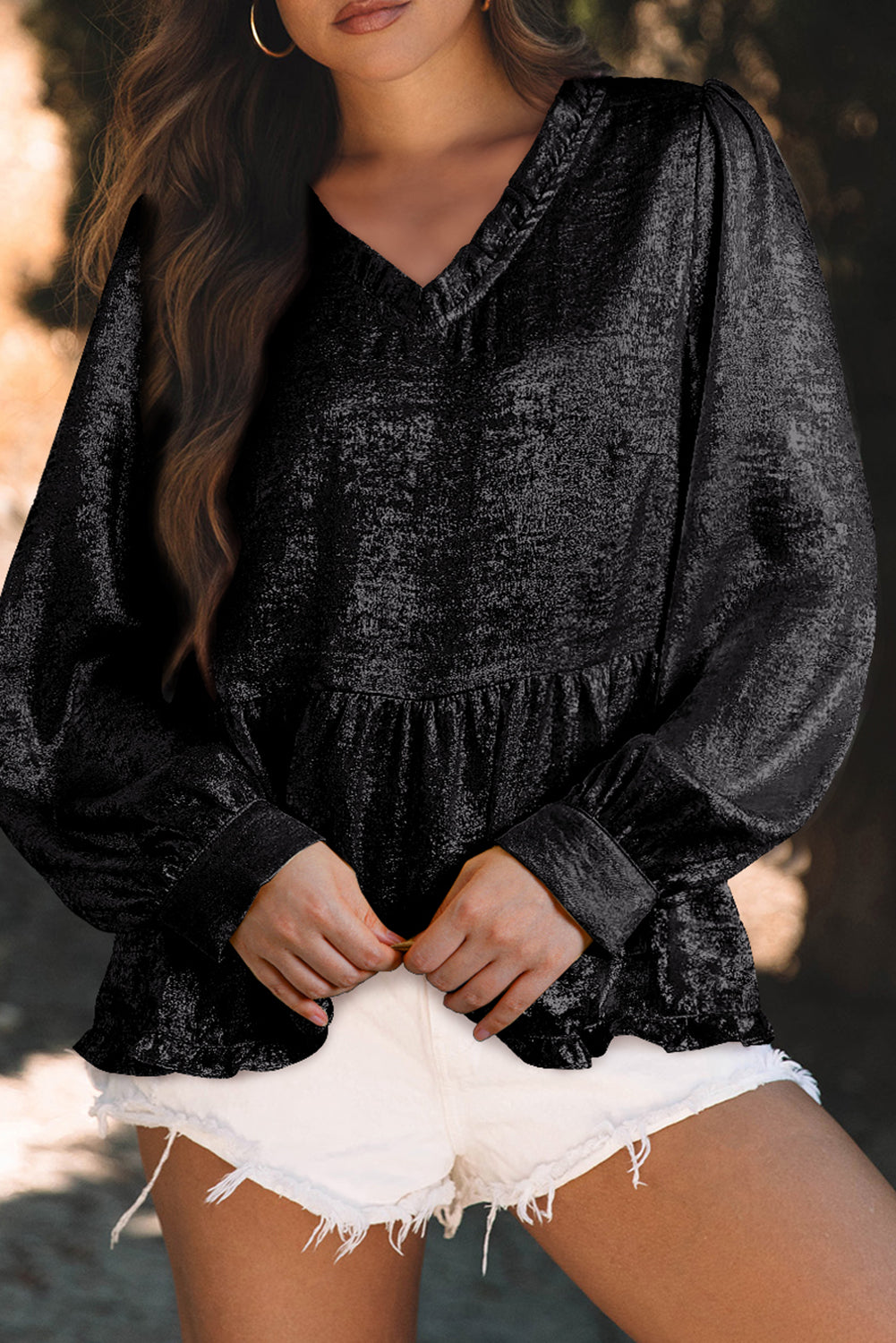 Black Metallic Frilled V Neck Puff Sleeve Babydoll Blouse