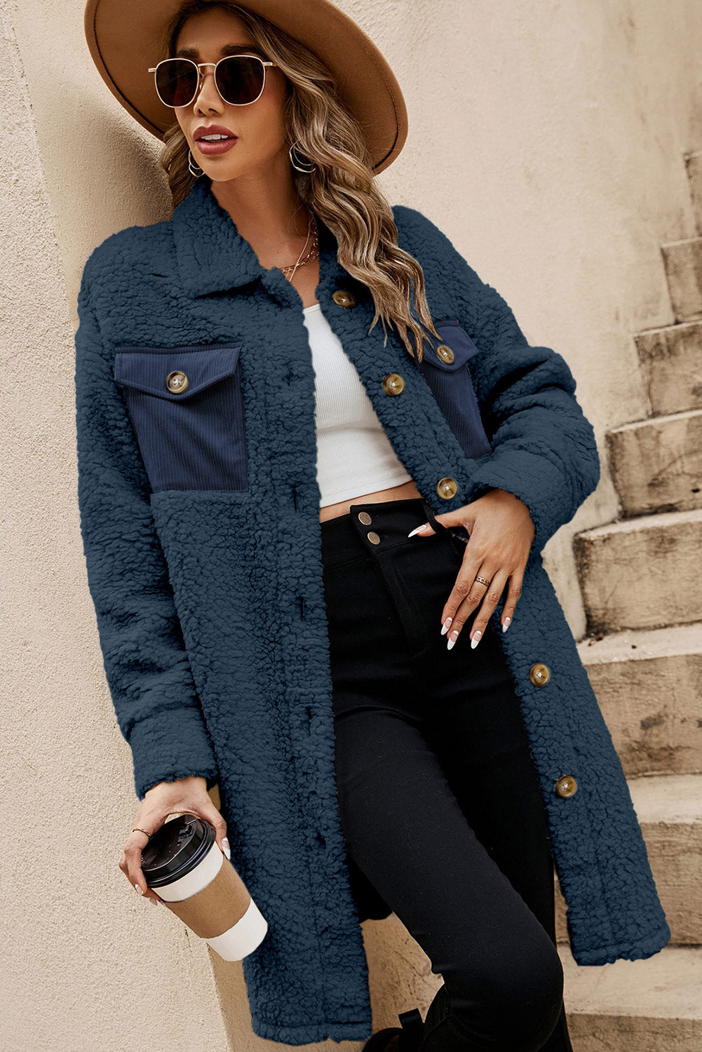 Blue Contrast Flap Pocket Single Breasted Teddy Coat