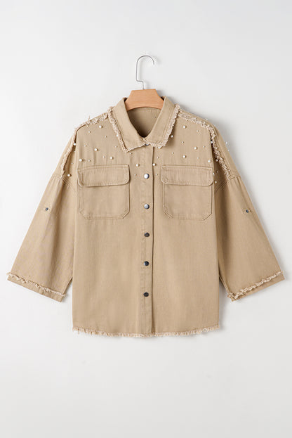 Khaki Pearl Beaded Raw Hem Button Up Denim Jacket