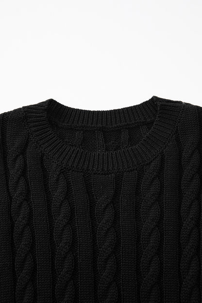 Black Crew Neck Cable Knit Short Sleeve Sweater