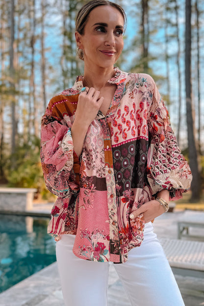 Red Boho Geometric Mixed Print Patchwork Bubble Sleeve Shirt