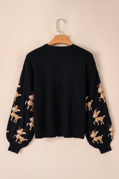 Dark Green Christmas Reindeer Pattern Drop Shoulder Sweater