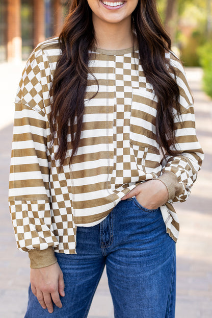 Khaki Checkerboard Striped Patchwork Lantern Sleeve Pocketed Blouse