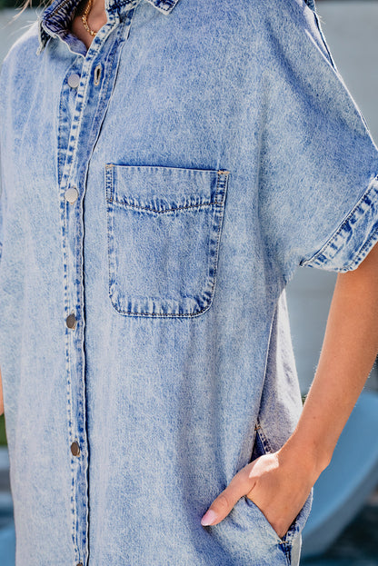 Light Blue Loose Medium Wash Short Sleeve Shirt Chambray Dress