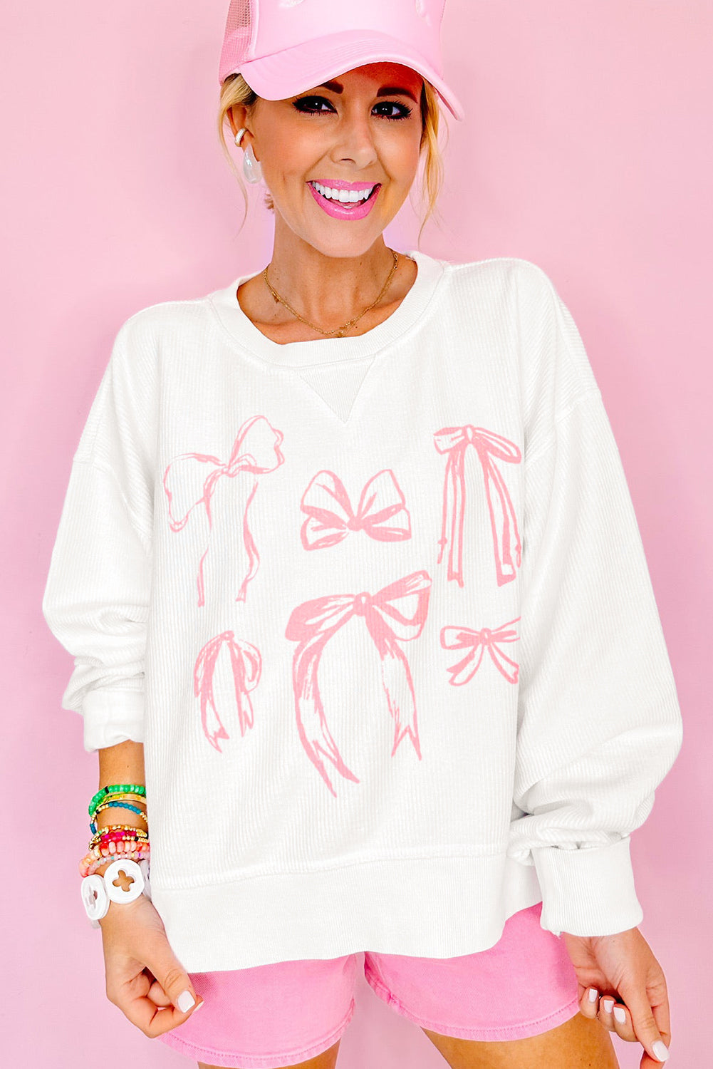 White Bowknot Pattern Corded Long Sleeve Drop Shoulder Top