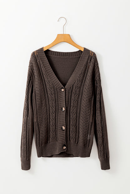 Dark Khaki Open Knit Drop Shoulder Sweater Cardigan