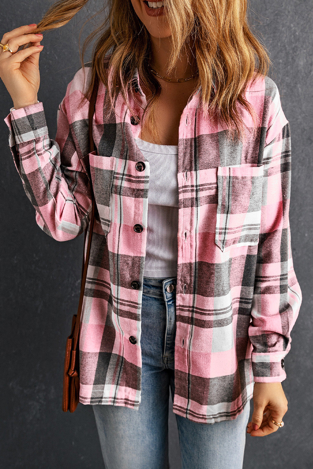 Pink Plaid Button Up Patch Pocket Shirt