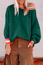 Blackish Green Colorblock Striped Trim Drop Shoulder Sweater