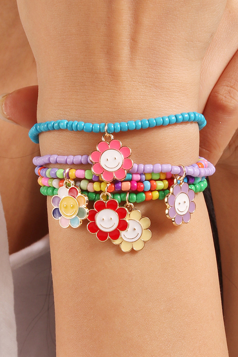 Light Blue 5pcs Smiley Flower Pendant Beaded Bracelet Set