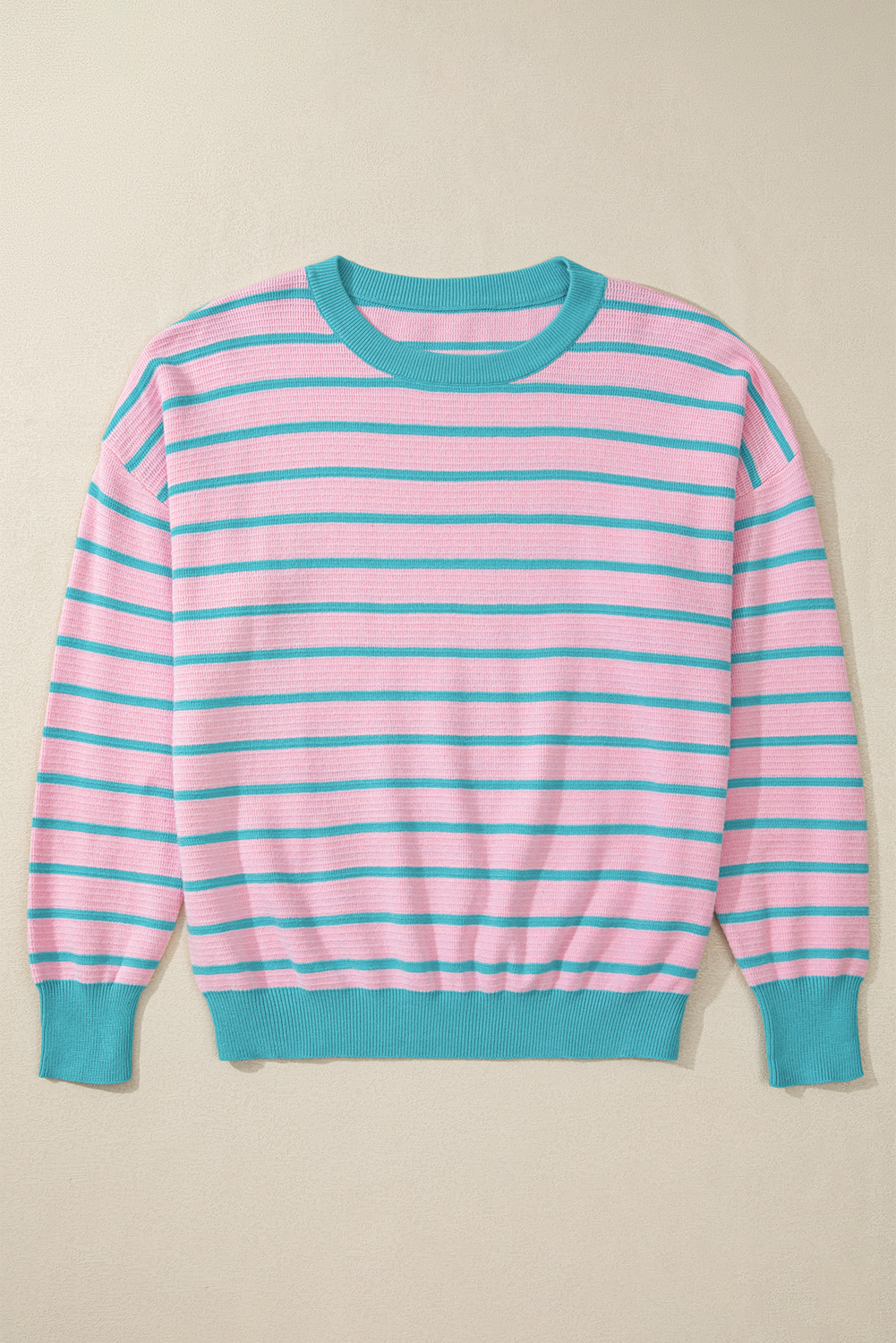 Pink Stripe Trimmed Round Neck Drop Shoulder Loose Sweater