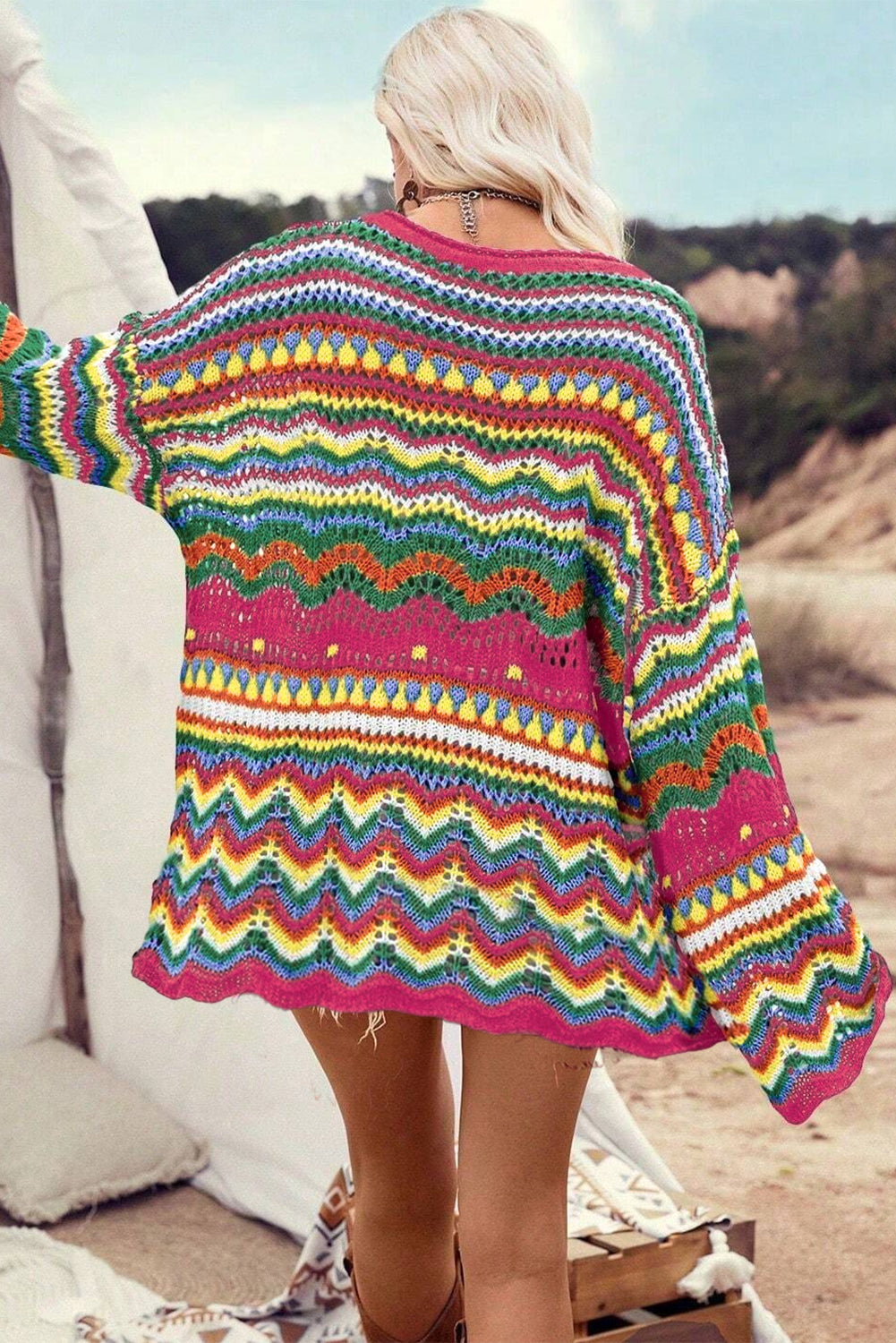 Rose Red Colorblock Striped Hollowed Knit Loose Sleeve Sweater