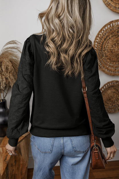 Black Solid Patchwork Sleeve Round Neck Sweatshirt