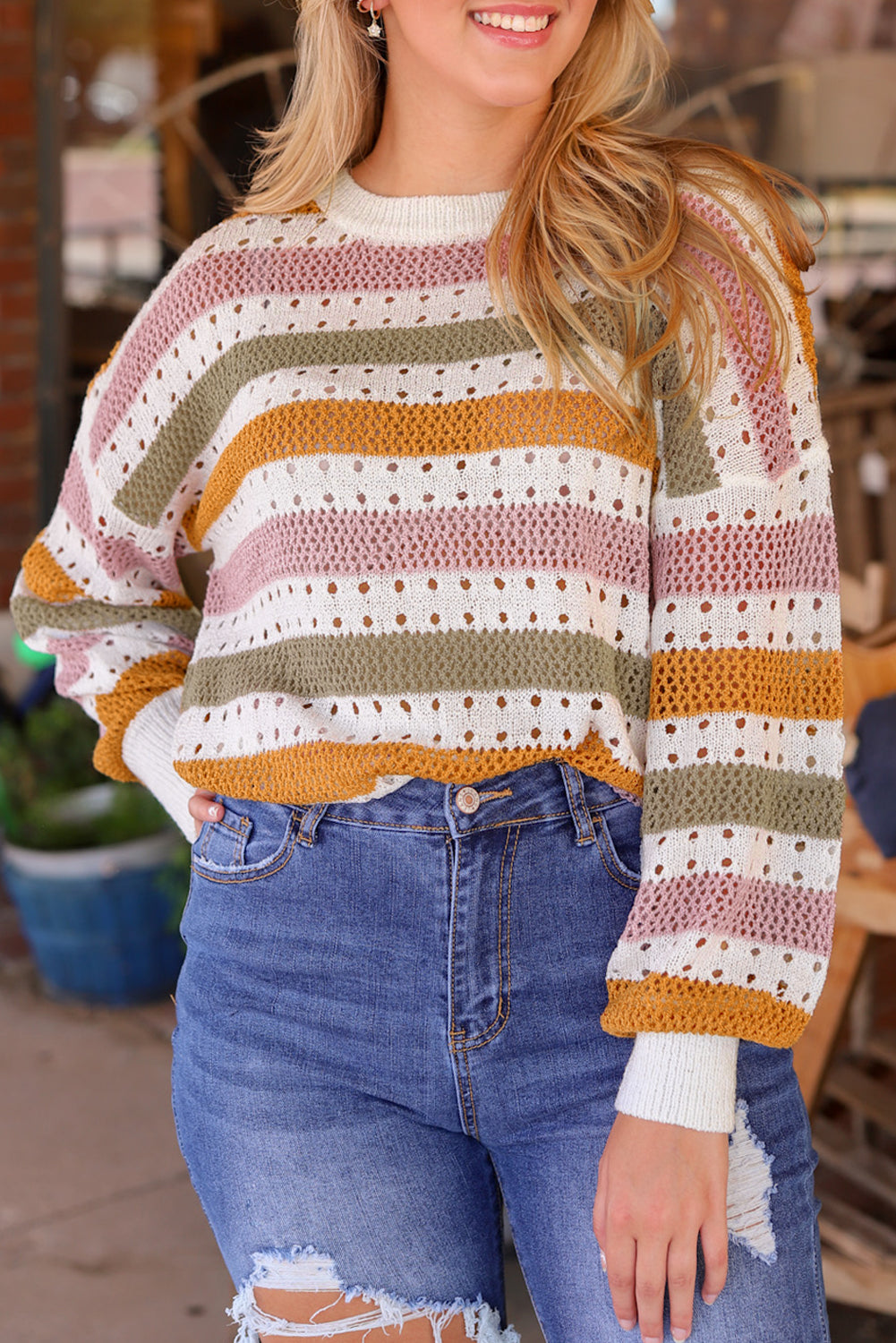 Multicolor Striped Hollowed Knitted Loose Sweater