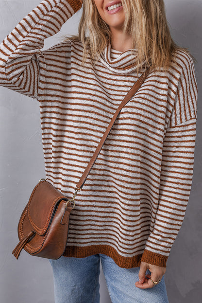 Brown Striped Turtleneck Loose Sweater