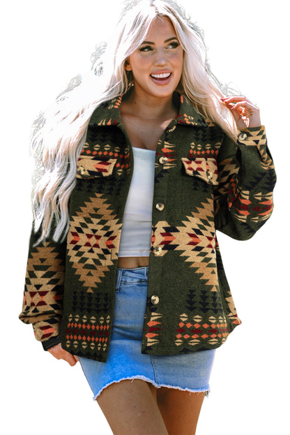 Green Aztec Print Flap Pockets Long Sleeve Shacket