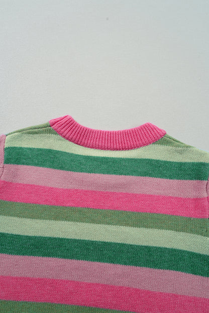 Green Color Block Ribbed Edge Round Neck Sweater