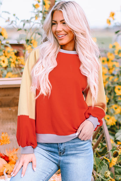 Orange Color Block Side Slits Raglan Sleeve Loose Fit Top