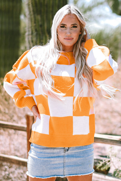 Orange Checkered Bishop Sleeve Sweater