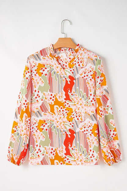 Orange Printed Split V Neck Puff Sleeve Blouse