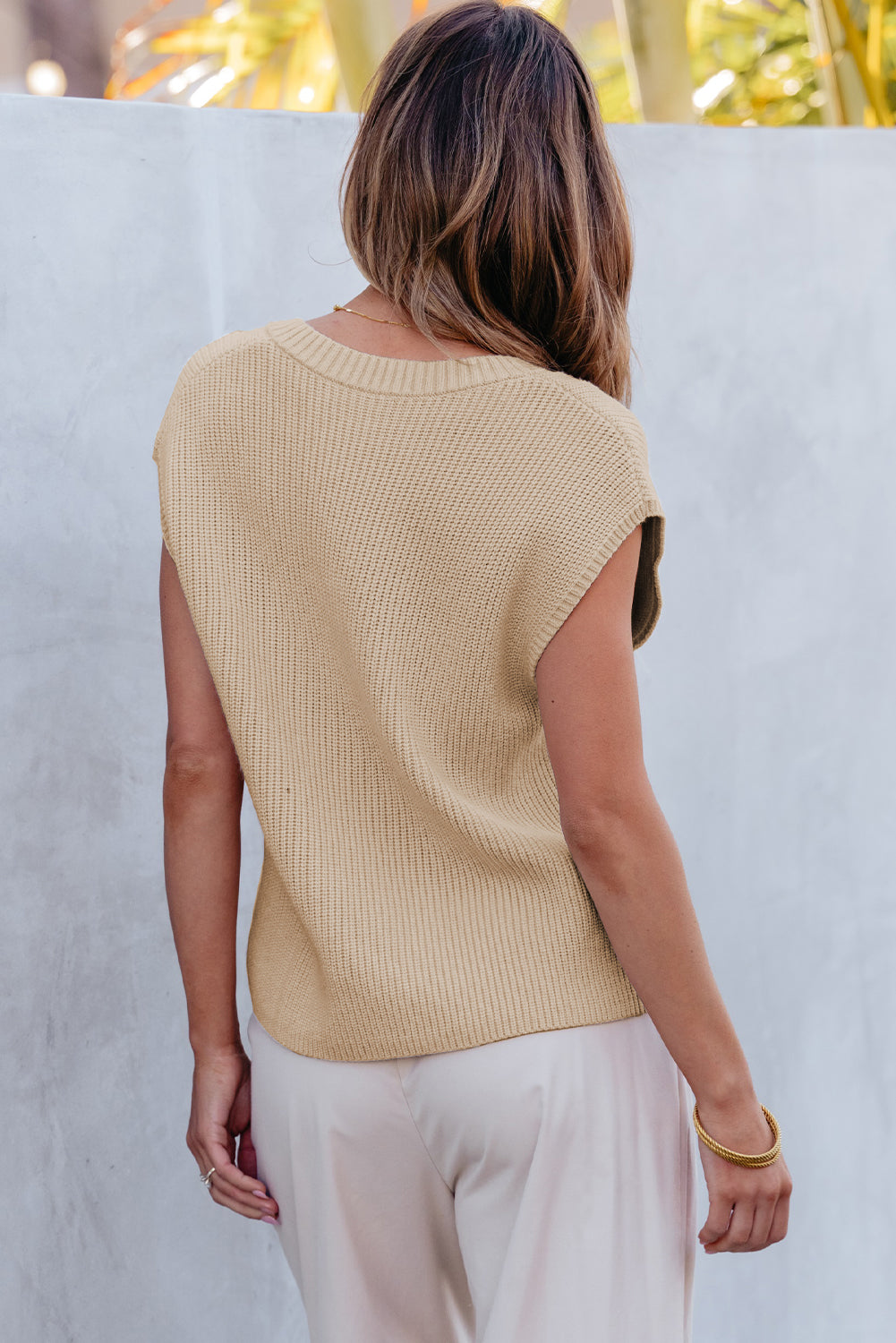 Apricot Chest Pocket V Neck Ribbed Cap Sleeve Sweater