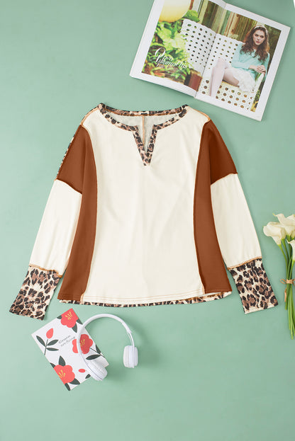 White Leopard Color Block Patchwork Split Neck Long Sleeve Top