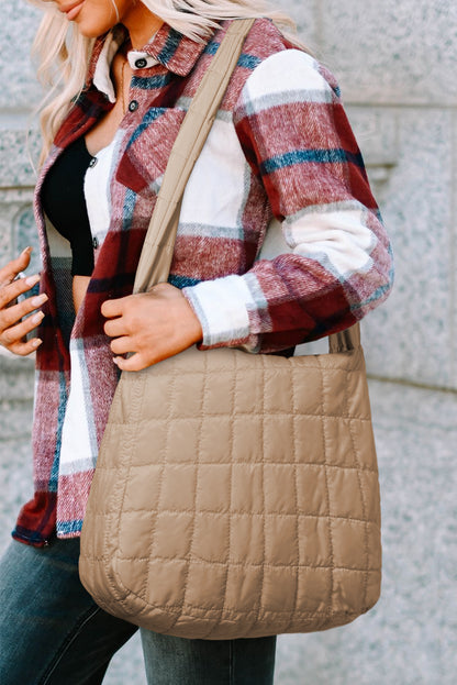 Light French Beige Quilted Zipper Large Shoulder Bag