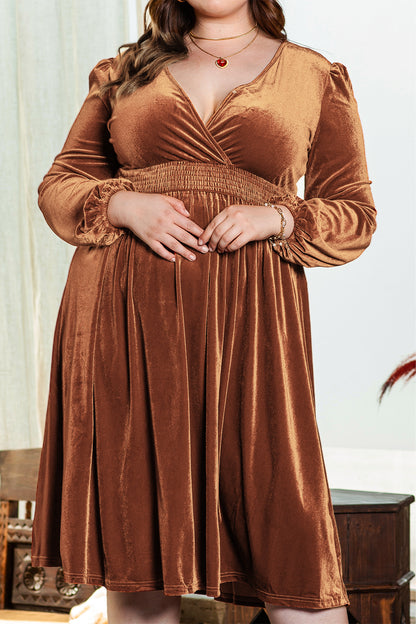 Camel Surplice V Neck Balloon Sleeve Velvet Dress