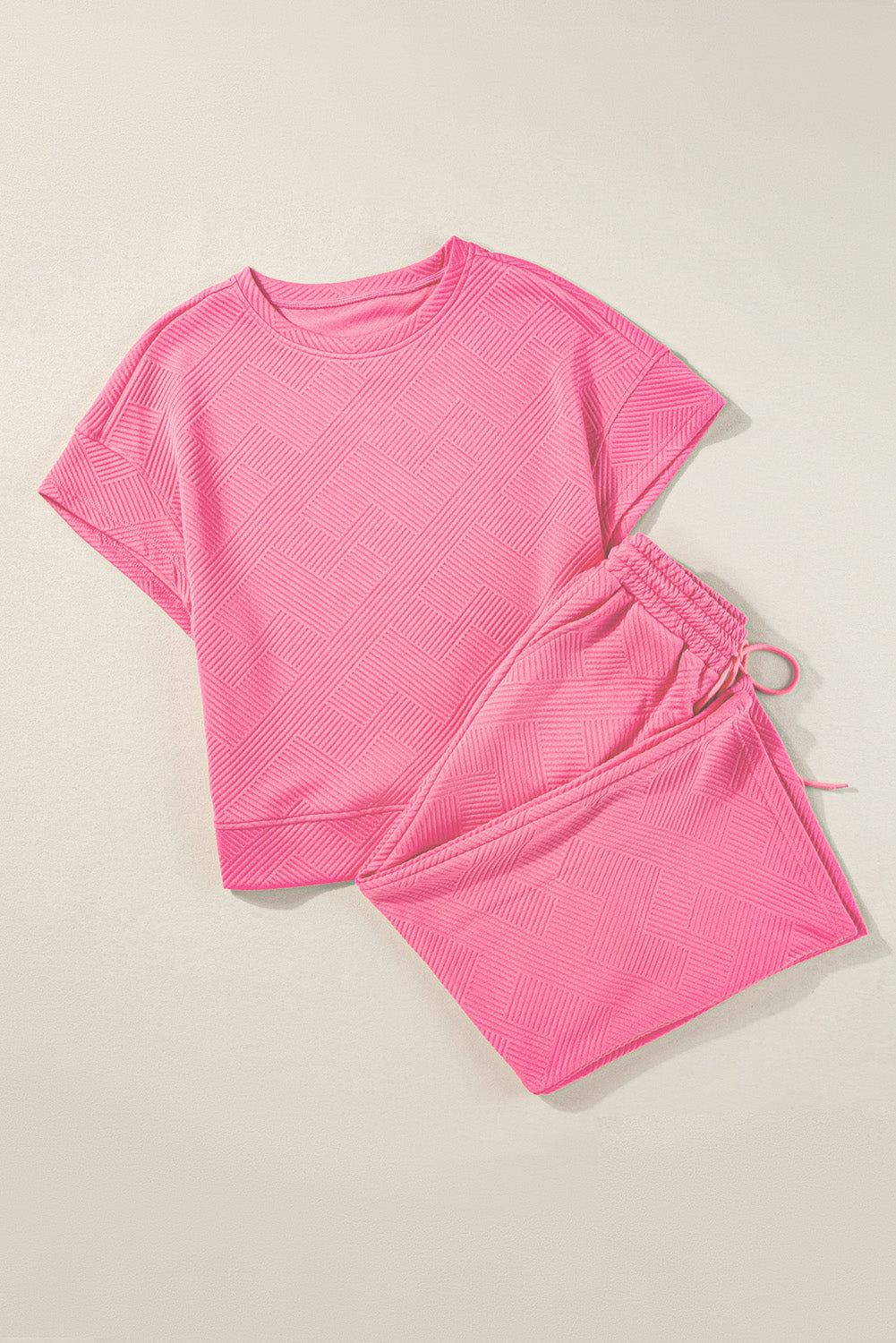 Strawberry Pink Textured Loose Fit T Shirt and Drawstring Pants Set