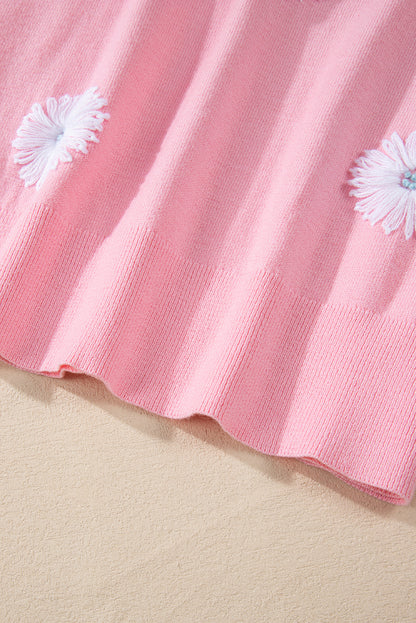 Pink Flower Pattern Short Sleeve Knitted Top