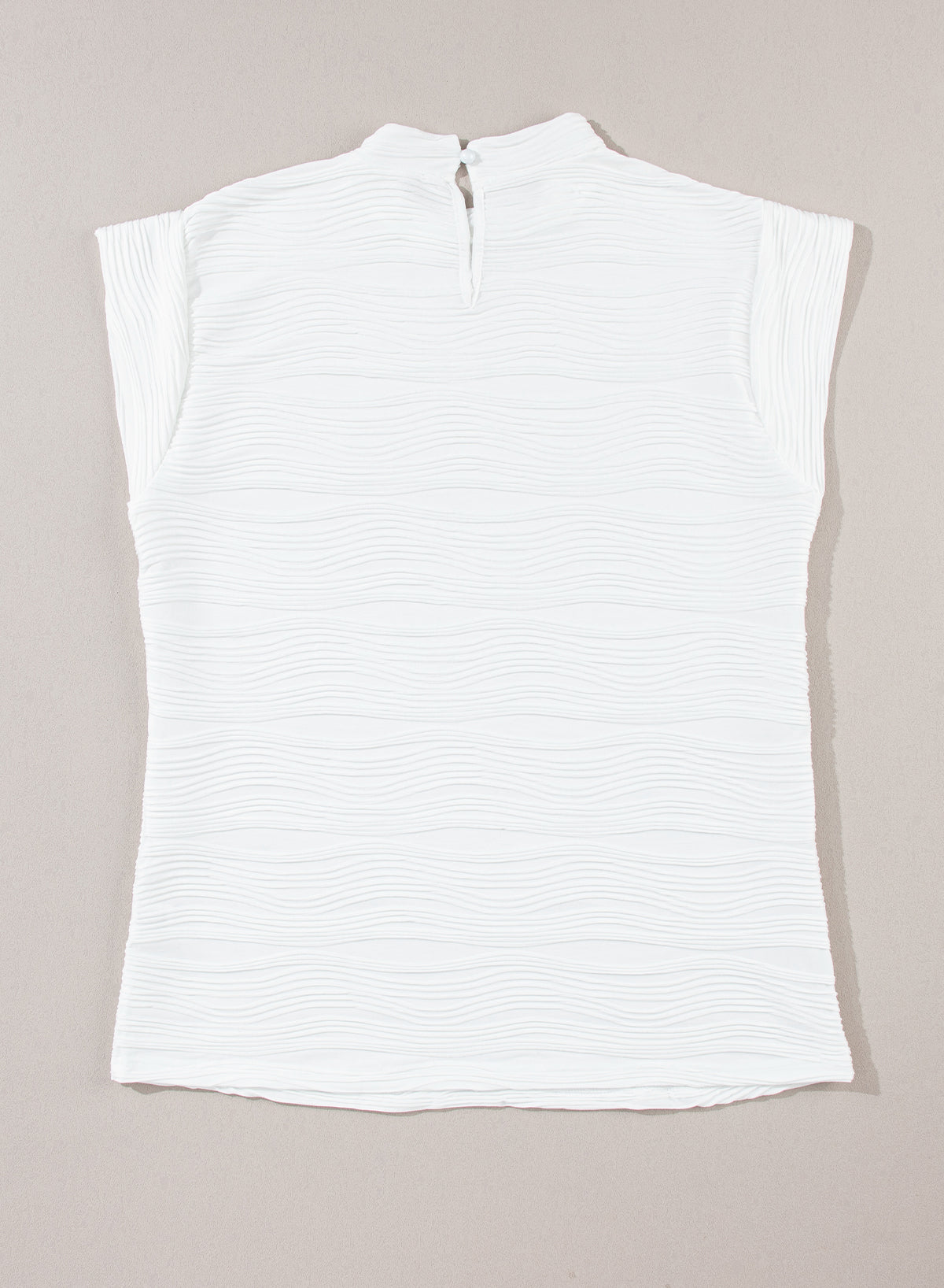 White Wavy Textured Mock Neck Cap Sleeve Top