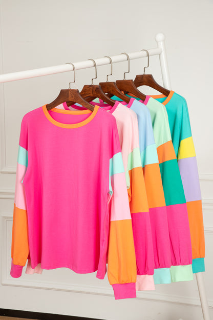 Pink Colorblock Patchwork Long Sleeve Loose Top