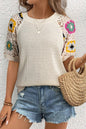 Apricot Hollow Out Floral Crochet Short Sleeve Crewneck Sweater