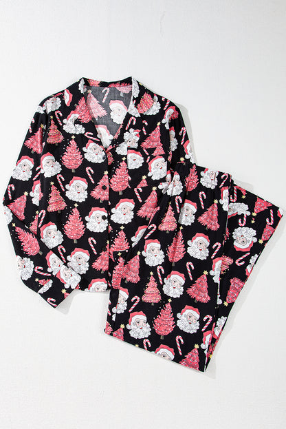 Black Christmas Santa Printed Two Piece Pajamas Set