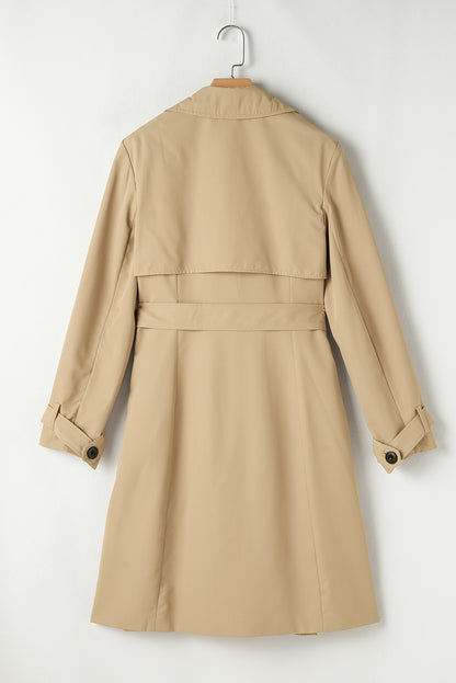 Pale Khaki Solid Color Lapel Collar Waist Tie Wind Coat