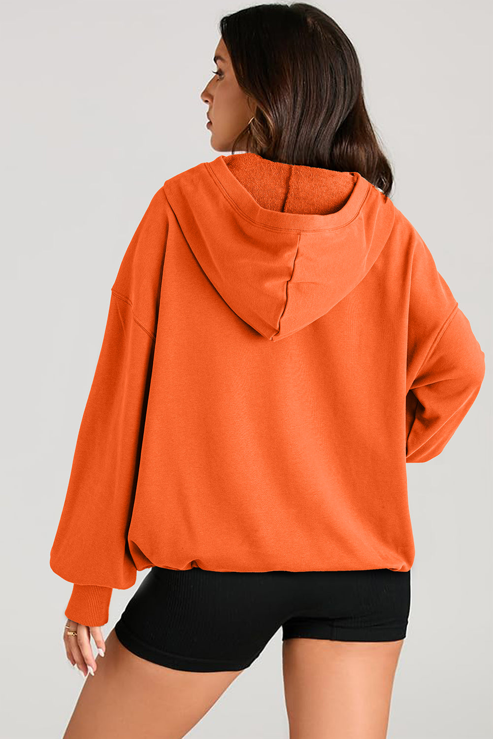 Orange Solid Kangaroo Pocket Half Zipper Oversized Hoodie