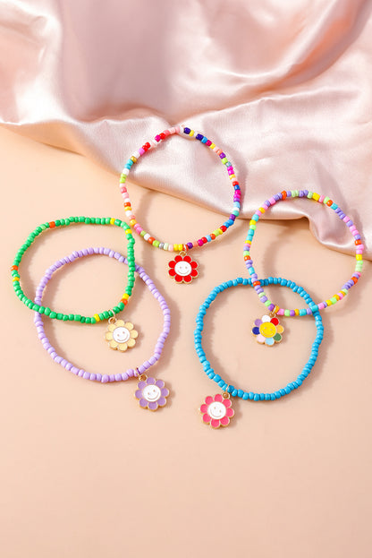 Light Blue 5pcs Smiley Flower Pendant Beaded Bracelet Set