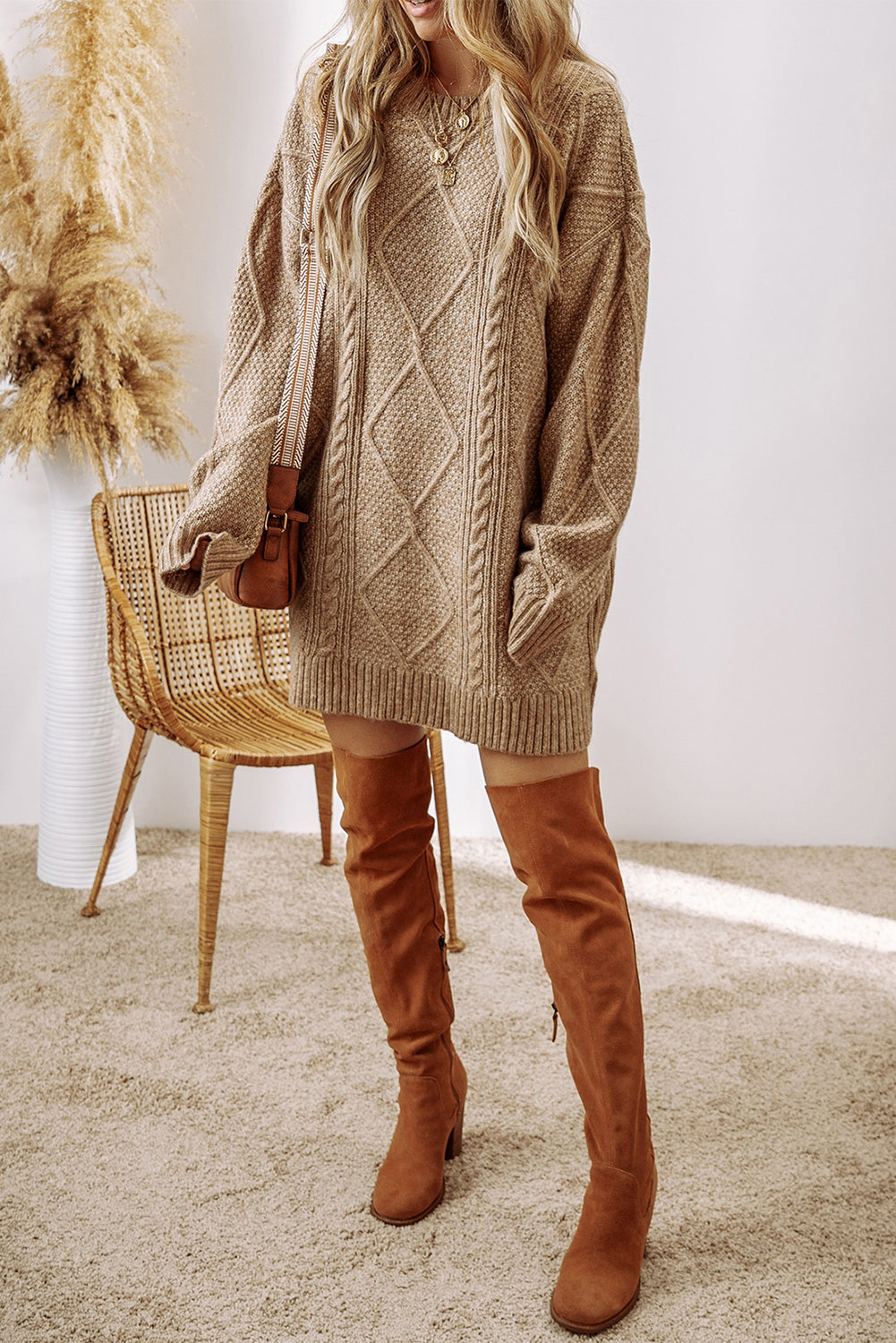 Parchment Cable Knit Drop Shoulder Loose Fit Sweater Dress