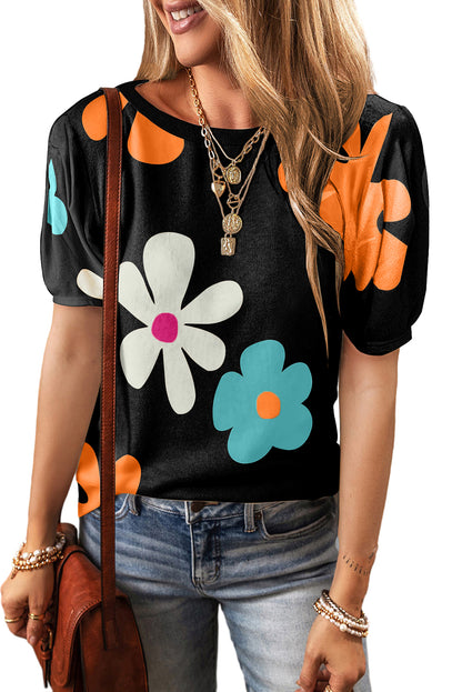 Black Flower Print Bubble Sleeve Tee