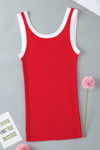 Fiery Red Colorblock Edge Ribbed Knit U Neck Tank Top