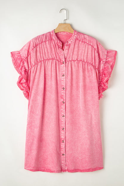 Pink Ruffled Short Sleeve Buttoned Denim Mini Dress