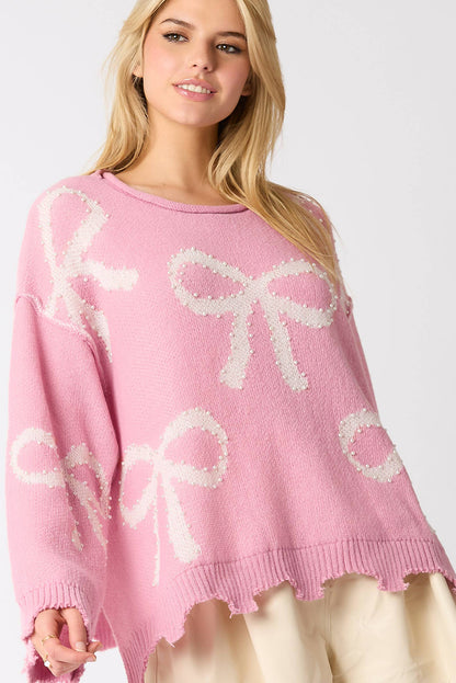 Pink Pearl Beaded Bowknot Pattern Distressed Split Hem Sweater