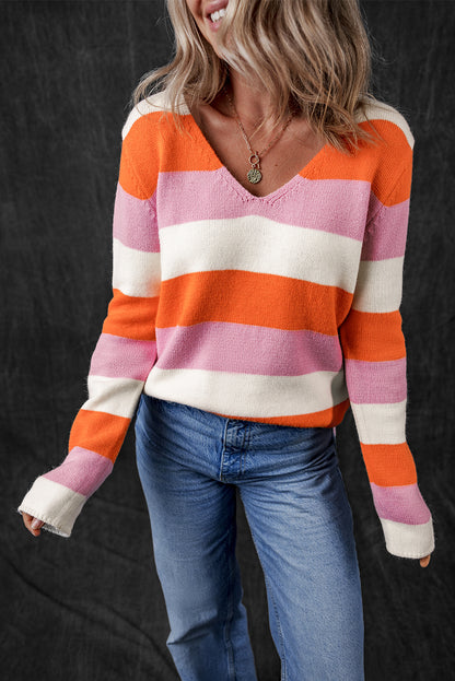 Orange Stripe Colorblock V Neck Casual Sweater