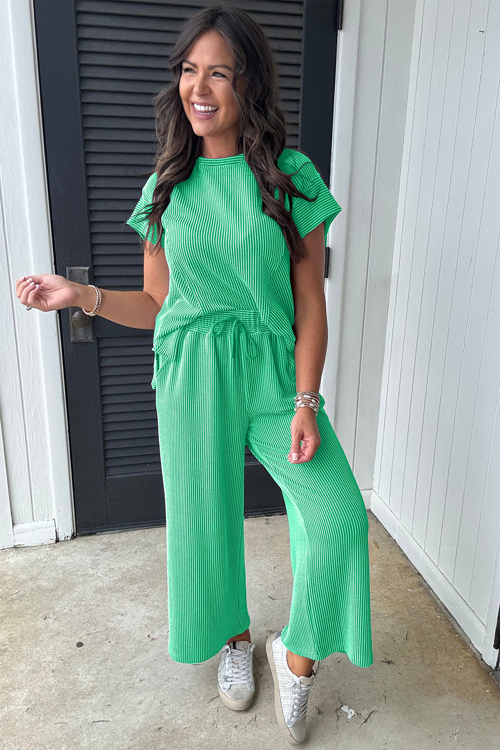 Blue Solid Corded Knit Short Sleeve T Shirt and Wide Leg Pants Set