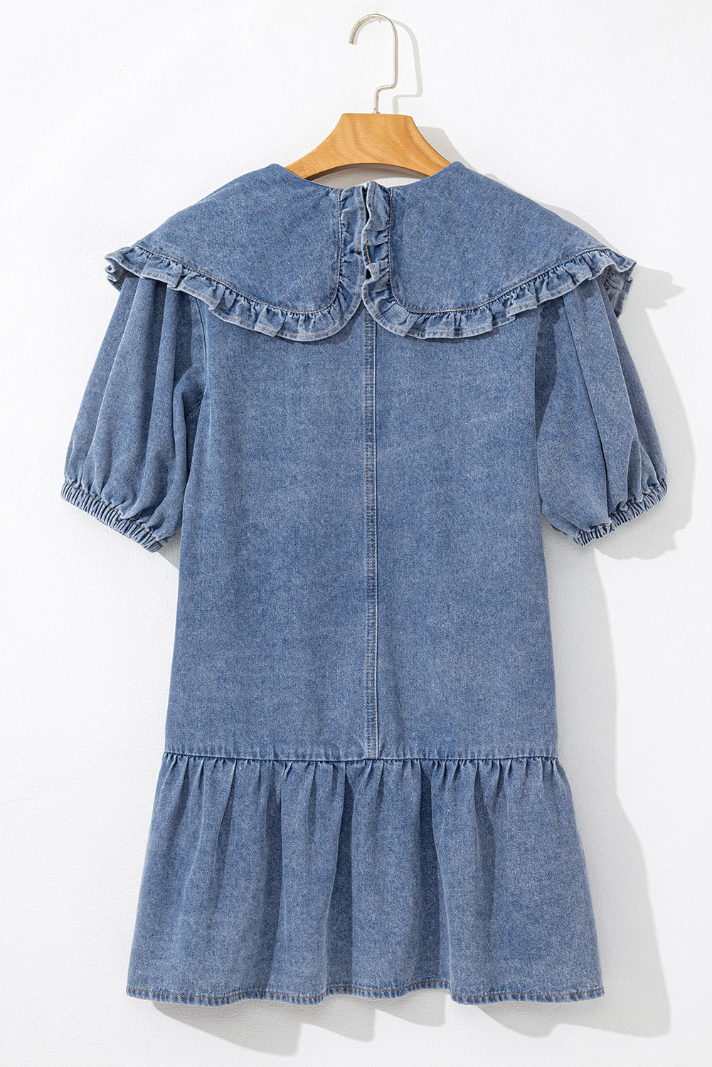 Dusk Blue Ruffled Collared Side Pockets Puff Sleeve Denim Mini Dress