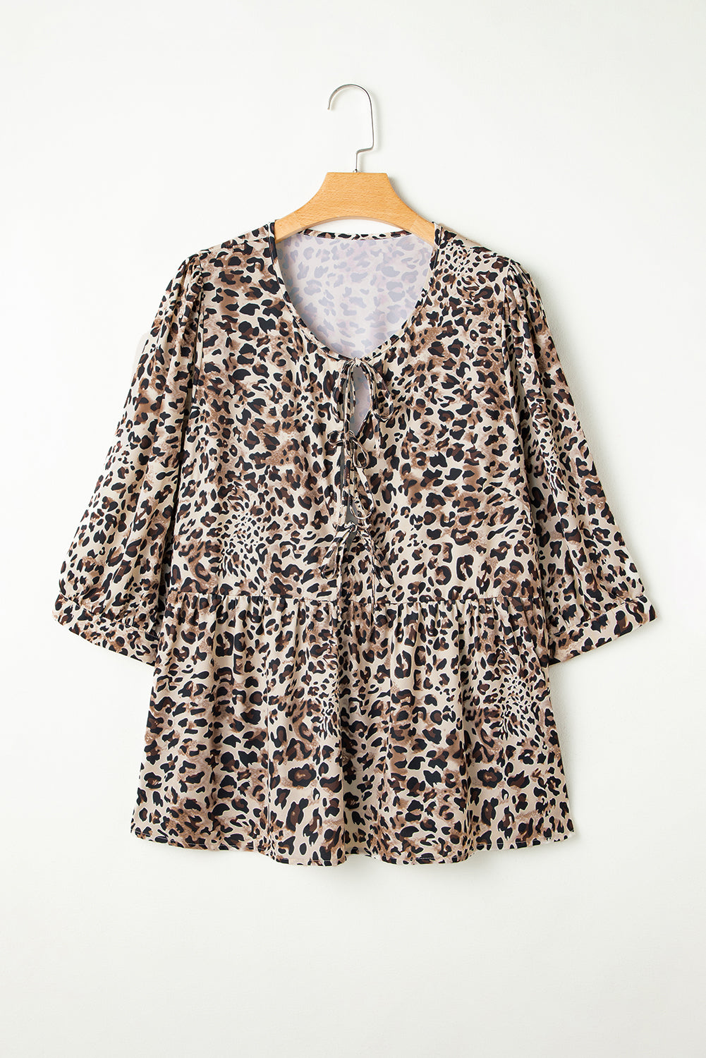 Khaki Leopard Print Lace-up Ruffled 3/4 Sleeve Plus Size Blouse