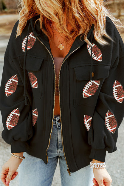 Black Sequined Rugby Football Pattern Pocketed Zipper Hooded Jacket